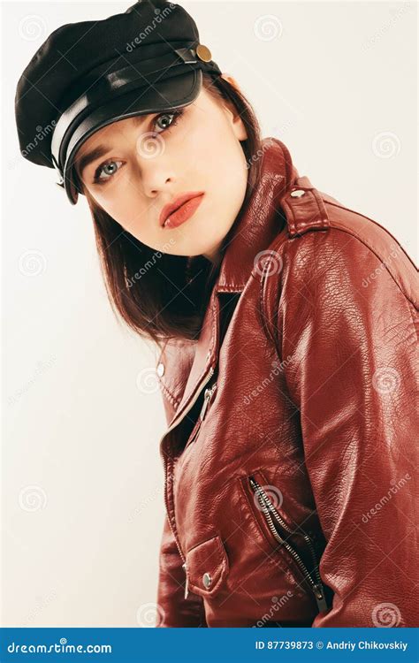 Rock Chick In Leather Jacket Full Length Fashion Portrait Of Elegant