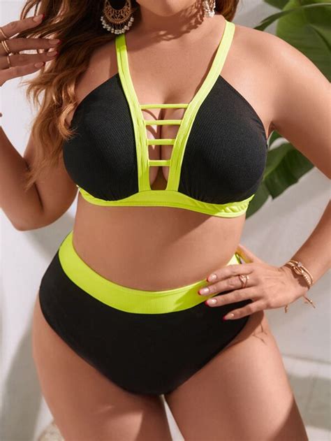 Shein Swim Sprty Plus Rib Knit Bikini Set Contrast Binding Cut Out