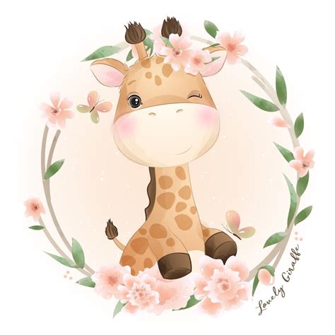 Desenhos de girafa fofa ilustração floral Vetor Premium