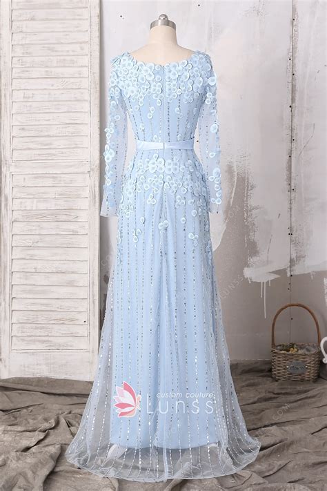 Fancy Ice Blue Beaded Petals Tulle Formal Event Dress - Lunss