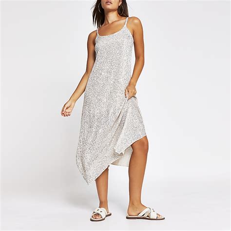 Silver Sequin Cami Dress River Island