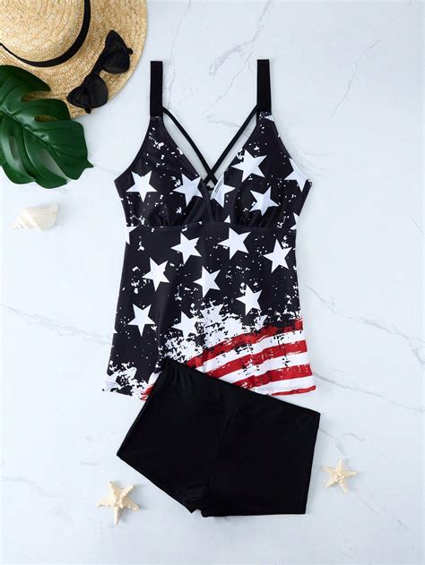 Womens Flag Print Two Piece Swimsuit Shein Usa