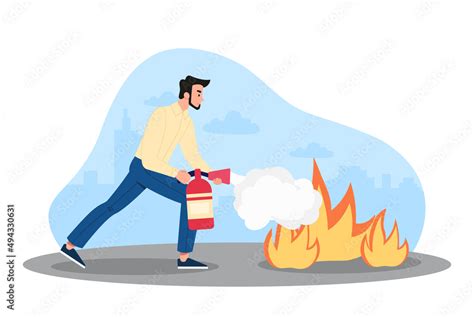 Man putting out fire. Character with fire extinguisher, safety and ...