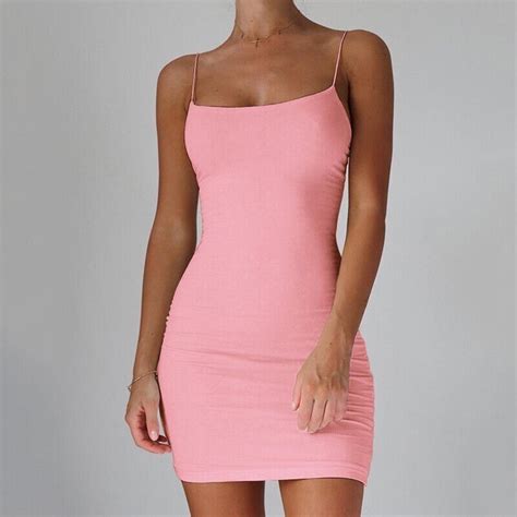 Womens Sexy Sling Mini Dress Solid Bodycon Tight Party Nightclub