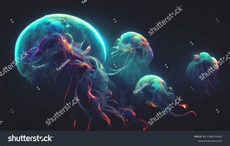 Neon Jellyfish Sea Deep Blue Water Stock Illustration 2186755641 ...