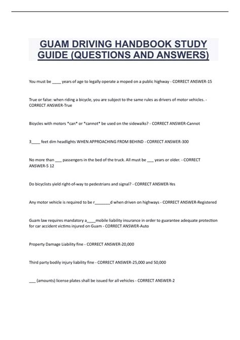 GUAM DRIVING HANDBOOK STUDY GUIDE QUESTIONS AND ANSWERS GUAM