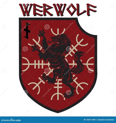 Design Patch Heraldic Shield With A Werewolf Helm Of Awe And Rune