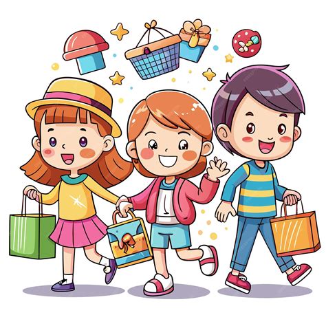cartoon children  shopping bags  gifts happy  smiling