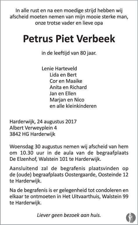 Petrus Piet Verbeek Overlijdensbericht En Condoleances