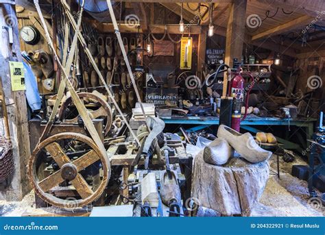 Traditional Wooden Clogs In Clog Museum And Wooden Shoe Workshop At