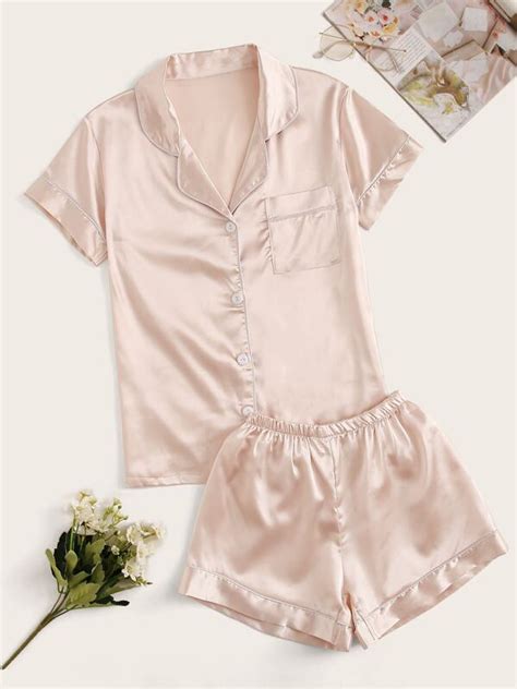 Contrast Binding Satin Pajama Set Shein Usa