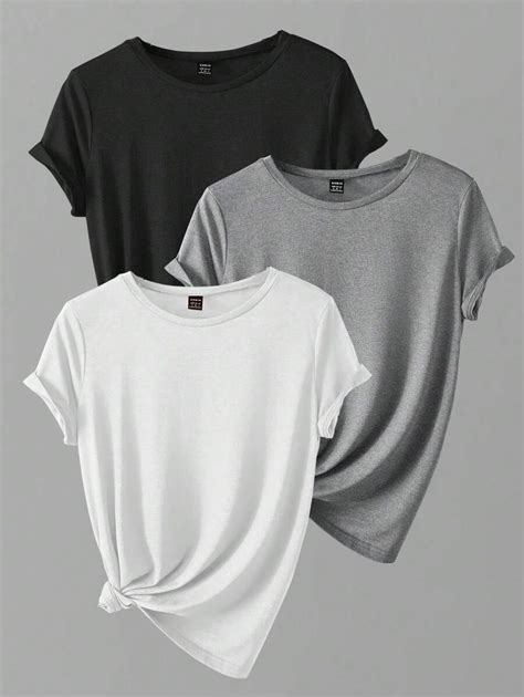 SHEIN Essnce 3pcs Solid Round Neck Tee SHEIN USA