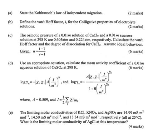 Solved State The Kohlrausch S Law Of Independent Migration Chegg