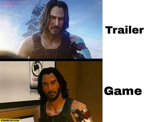 Trailer vs game Cyberpunk 2077 Keanu Reeves comparison | StareCat.com