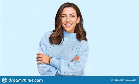 Young Brunette Woman Wearing Casual Winter Sweater Happy Face Smiling