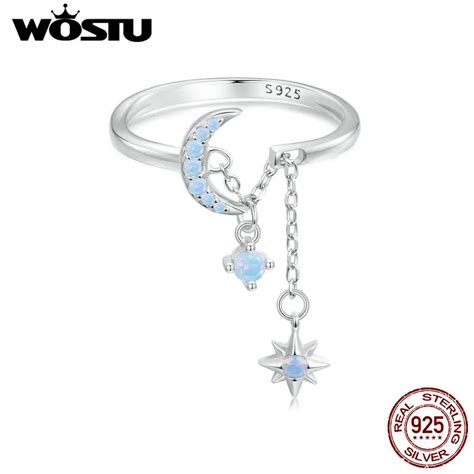 WOSTU Real 925 Sterling Silver Star Moon Link Ring For Women Sparkling