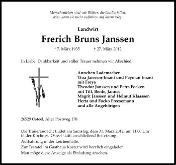 Traueranzeigen Von Frerich Bruns Janssen OK Trauer De