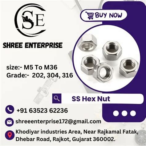 Hexagonal Broaching Silver Stainless Steel Hex Nut Diameter 6 Mm