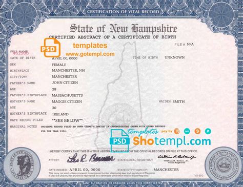 Usa New Hampshire State Birth Certificate Fake Template In Psd Format Fully Editable