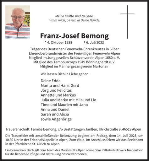 Alle Traueranzeigen für Franz Josef Bemong trauer rp online de