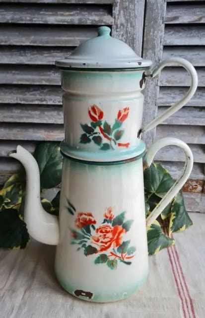 Ancienne Grande Cafetiere Emaillee Parisienne Decor De Fleurs Eur