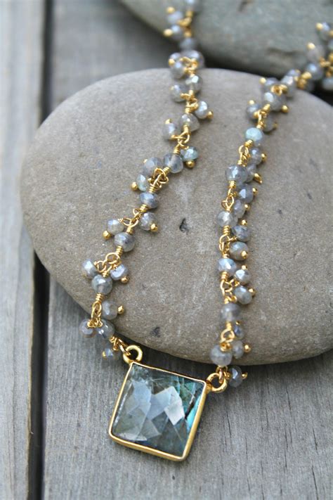 Beaded Labradorite Necklace Square Gemstone Pendant K Gold Etsy