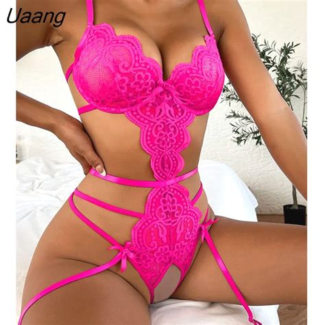 Uaang Bra Set Women Floral Transparent Lace Bra Panty Lingerie Set