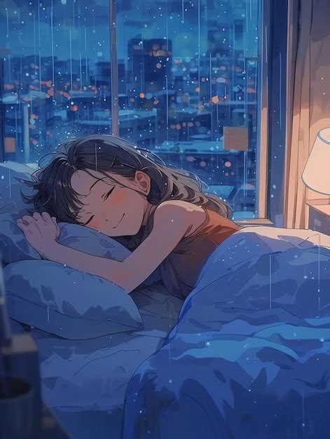 Premium Photo | Anime girl sleeping in bed with city view in background ...