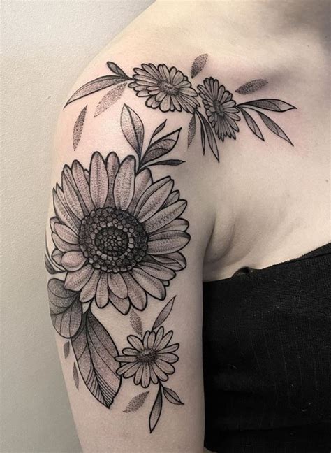 Black And Grey Flower Shoulder Tattoos