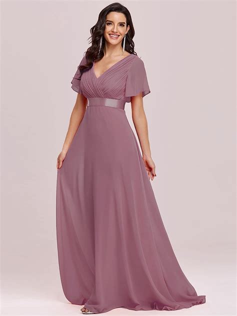 Ever Pretty Damen Doppel V Ausschnitt Kurze Flatterärmel Empire Taille Elegant Chiffon Lang