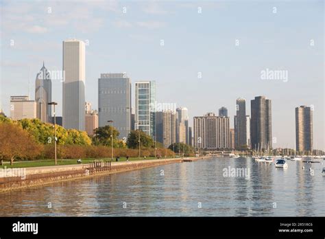 Usa Illinois Chicago City Skyline And Lakefront Trail Looking North