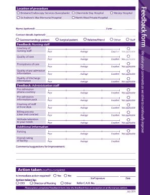 Fillable Online Feedback Form Feedback Nursing Staff Fax Email Print