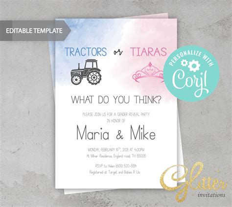 Editable Tractors Or Tiaras Gender Reveal Blue And Pink Etsy