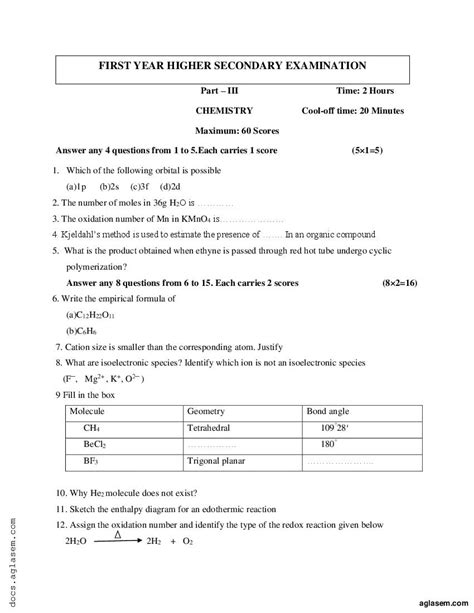 Kerala Plus One Chemistry Model Paper Pdf Kerala Class