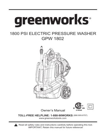 Greenworks Pressure Washer 1800 Manual