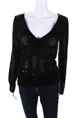 Catherine Malandrino Womens Open Sequin Knit V Neck Sweater Black Wool