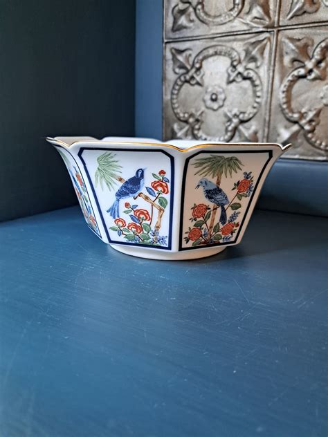 Chinoiserie Octagon Dish Blue Birds On Rose Flower Bush Asian Accent