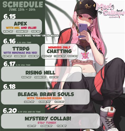 Mori Calliope💀holoen On Twitter ･ﾟ Stream Schedule ･ﾟ ♡♡♡♡ June 15th ~ June 20th