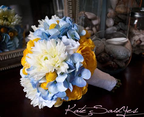 Wedding Bouquet Blue Hydrangea Yellow Ranunculus Billy Buttons