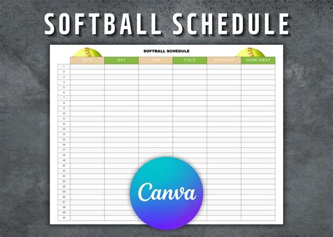 Softball Schedule Template, Printable Softball Schedule, Editable