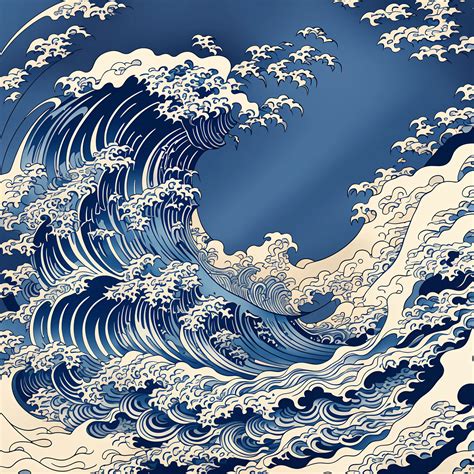 Katsushika Hokusai Style Line Art Design Hokusai Style Dark Blue Rough