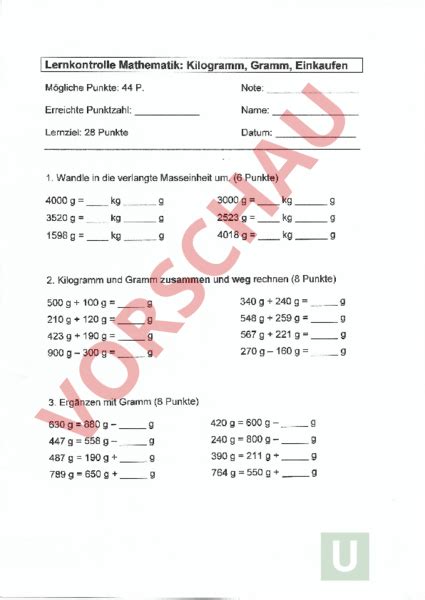 Arbeitsblatt Lernkontrolle Mathematik Kilogramm Gramm Einkaufen