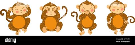 Wise Monkeys Cute Ape With Hands Covering Mouth Eyes And Ears Blind