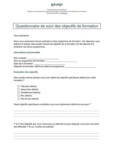 Modèle de questionnaire Questionnaire de formation à chaud Edusign