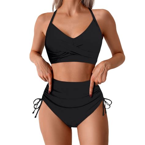 Celivon Womens Bikinis Swimsuit High Waisted Bikini Sets Drawstring Crisscross Tie Back Bathing