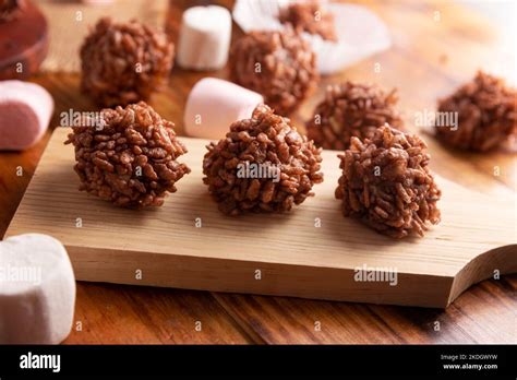 Homemade Caramel Marshmallows Covered In Chocolate Flavor Puffed Rice