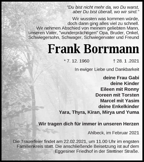 Traueranzeigen Von Frank Borrmann Trauer Nordkurier