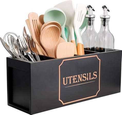 Extra Large Utensil Holder With 4 Compartments Wooden Farmhouse Utensil Organizer For Kitchen