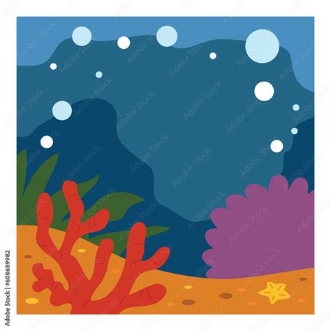 Underwater sea background. Cartoon ocean floor with seaweeds and corals ...