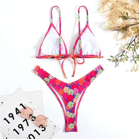 Sexy Women Micro Bikini Set Swimwear Lace Up Floral Thong Beachwear